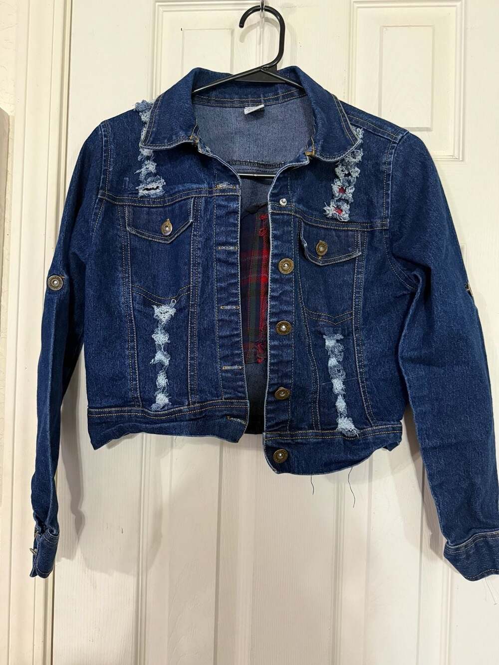 Empre Women's Cropped Distressed Denim Jacket with Flannel Lining